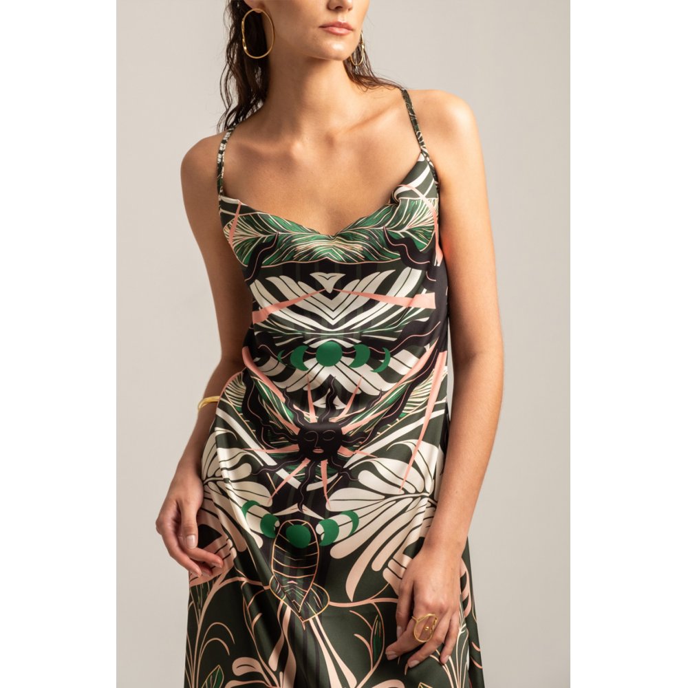 FOLIAGE SILKY DRAPE MAXI DRESS