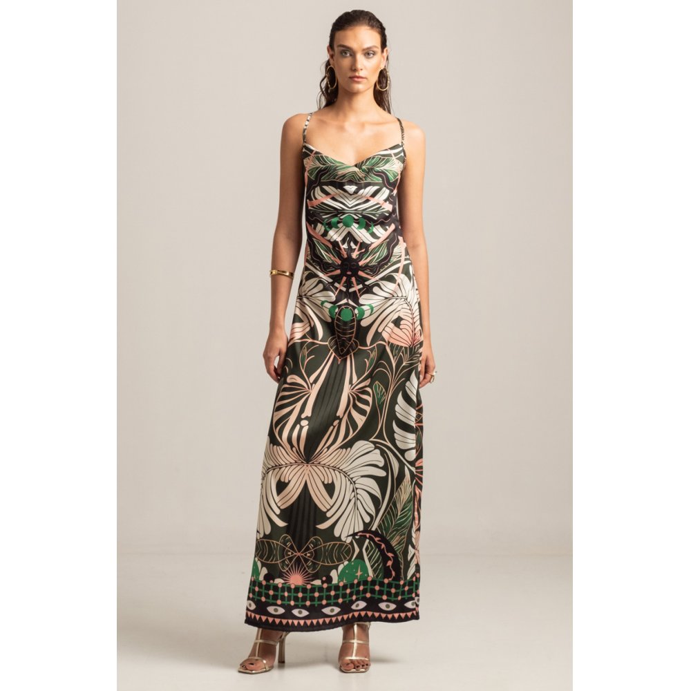 FOLIAGE SILKY DRAPE MAXI DRESS